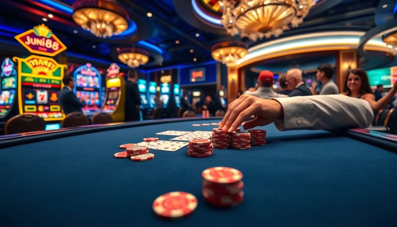 Players enjoying a thrilling poker game at Jun88 casino, showcasing vibrant chips and cards.