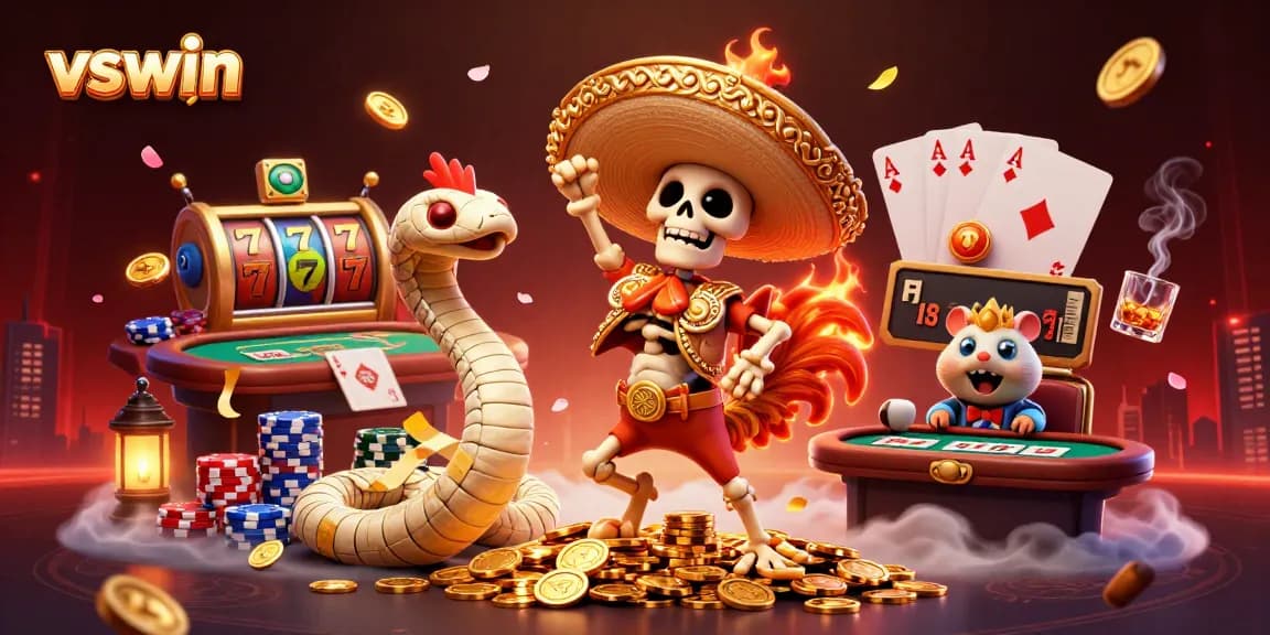Players revel in a vibrant vswin online casino scene, winning big with golden coins and slot machines.