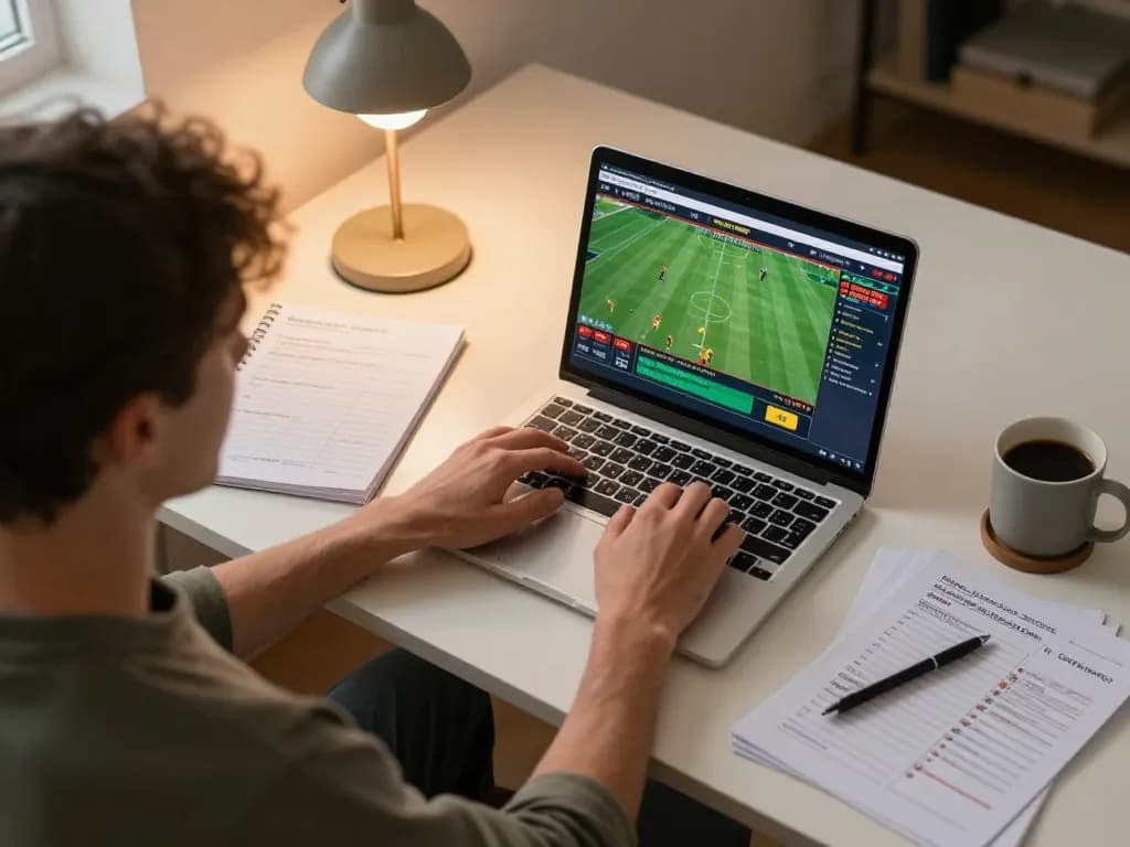 Nhận định kèo from home setup showing a player engaged in online sports betting with laptop and notes.