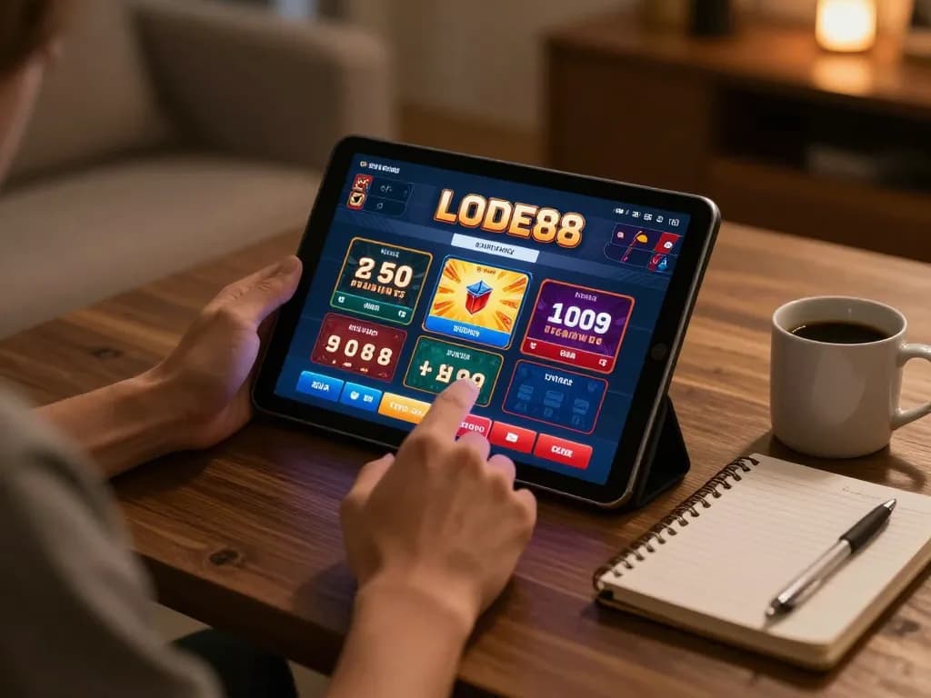 Engaged player exploring LODE88 online gaming on tablet, emphasizing responsible gaming.