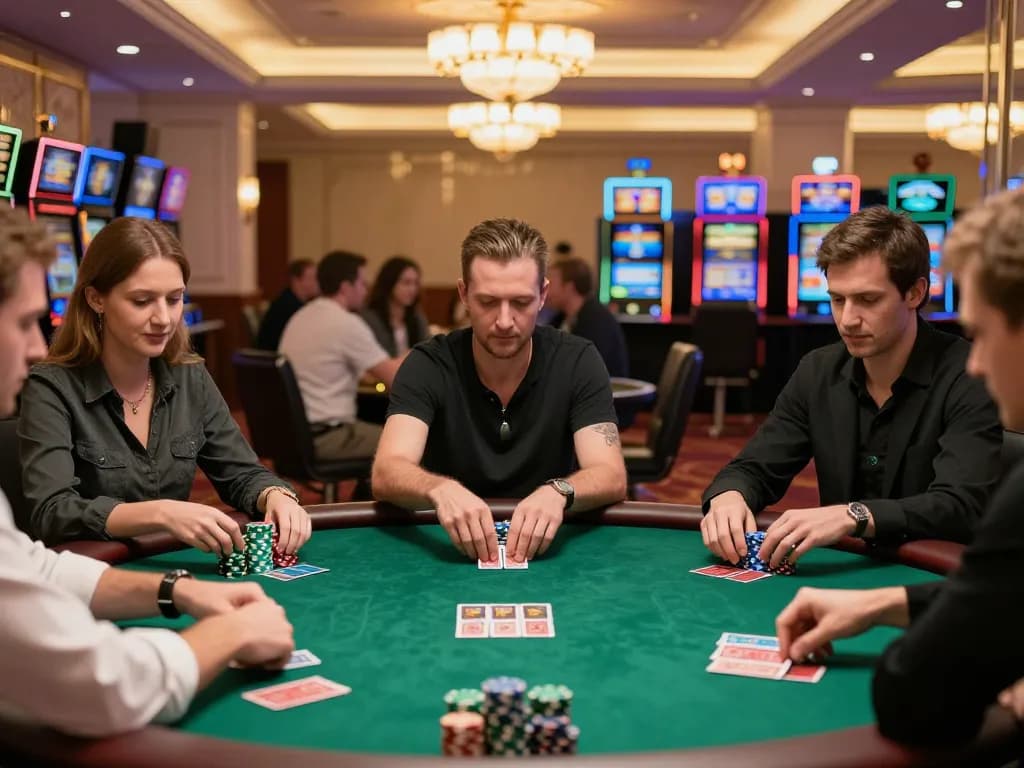 KONG88 poker players strategizing with stacks of chips and cards at a bustling casino table