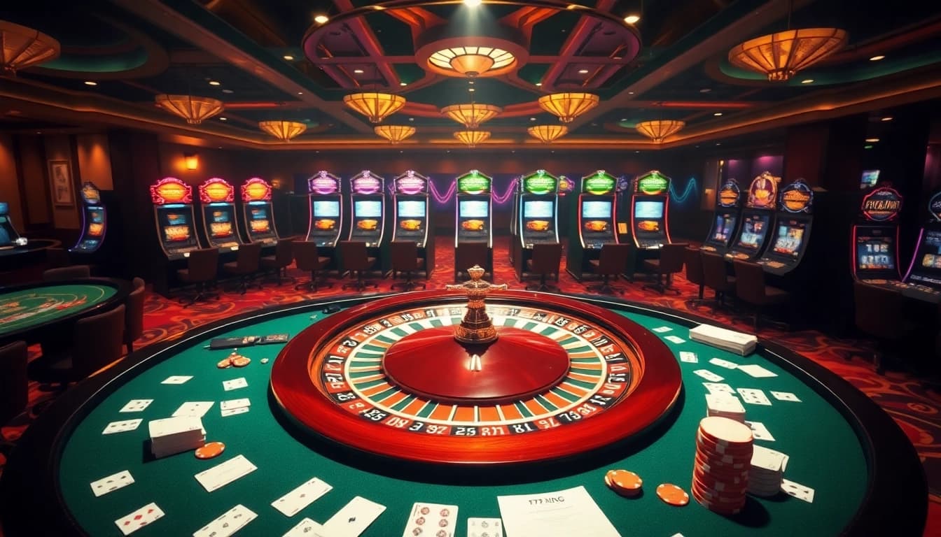 Experience thrilling gambling at 79KING casino with vibrant tables and a dazzling roulette wheel.