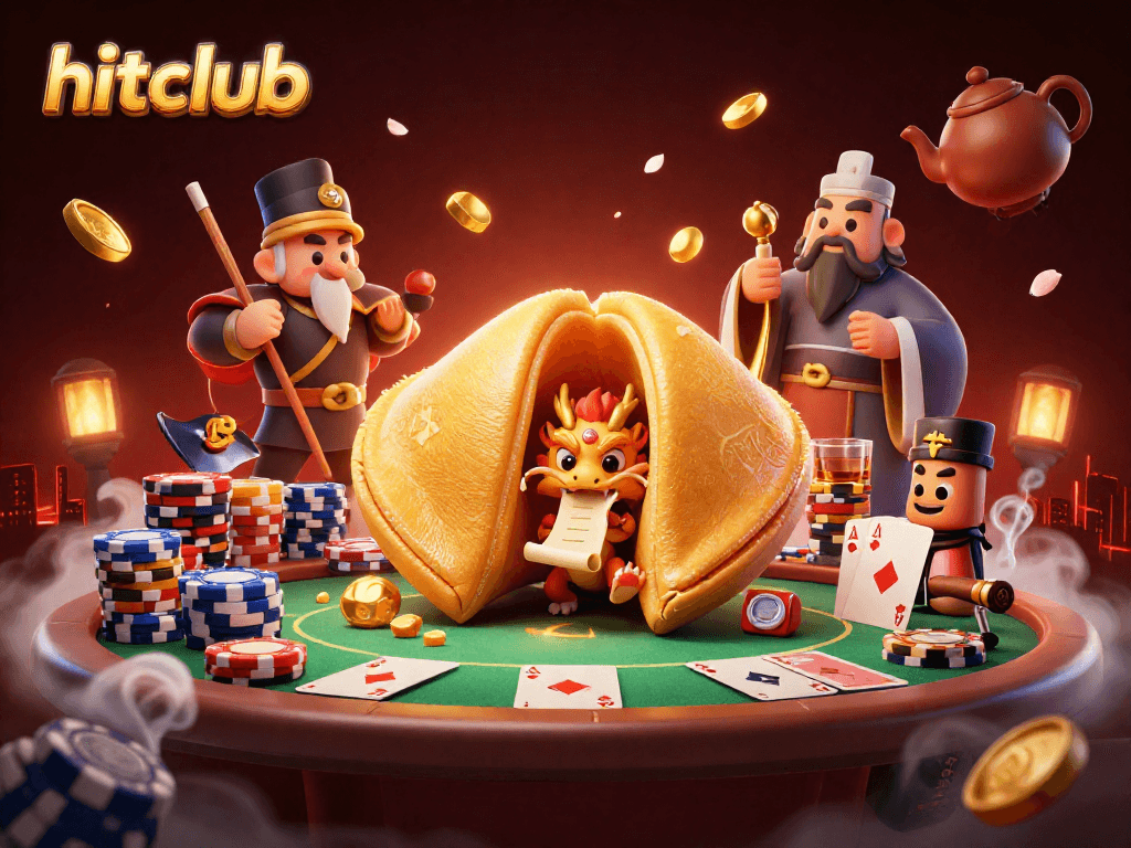 Engage with hitclub's vibrant gaming scene featuring a gold fortune cookie with a dragon and poker elements.