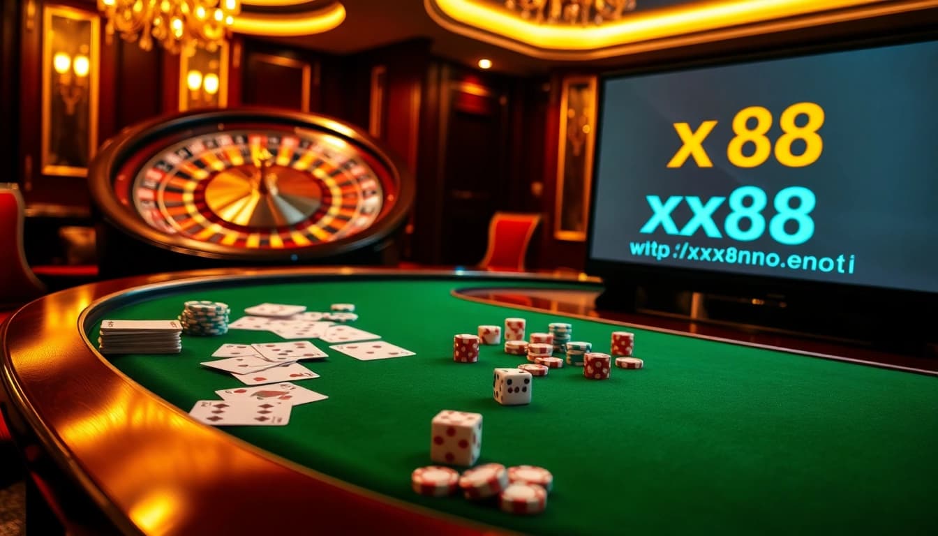 Experience thrill at https://xx88.moe/ with an upscale poker table full of action in a vibrant casino scene.