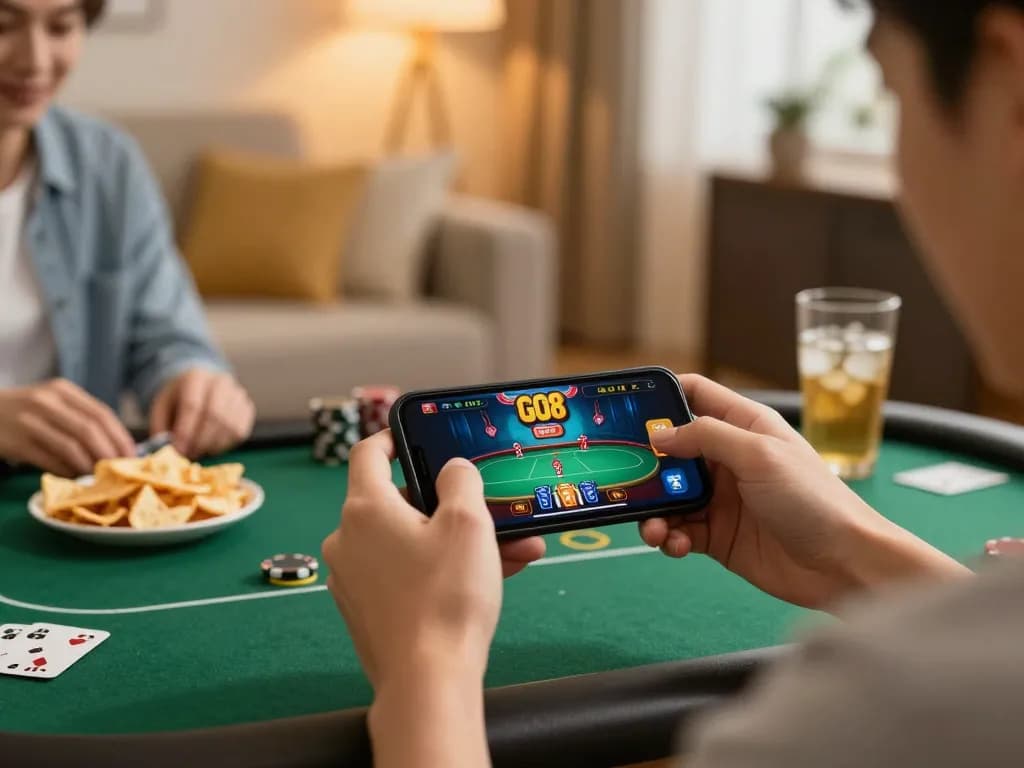 Engaging gameplay on the GO8 casino app showcasing poker strategies from a smartphone.
