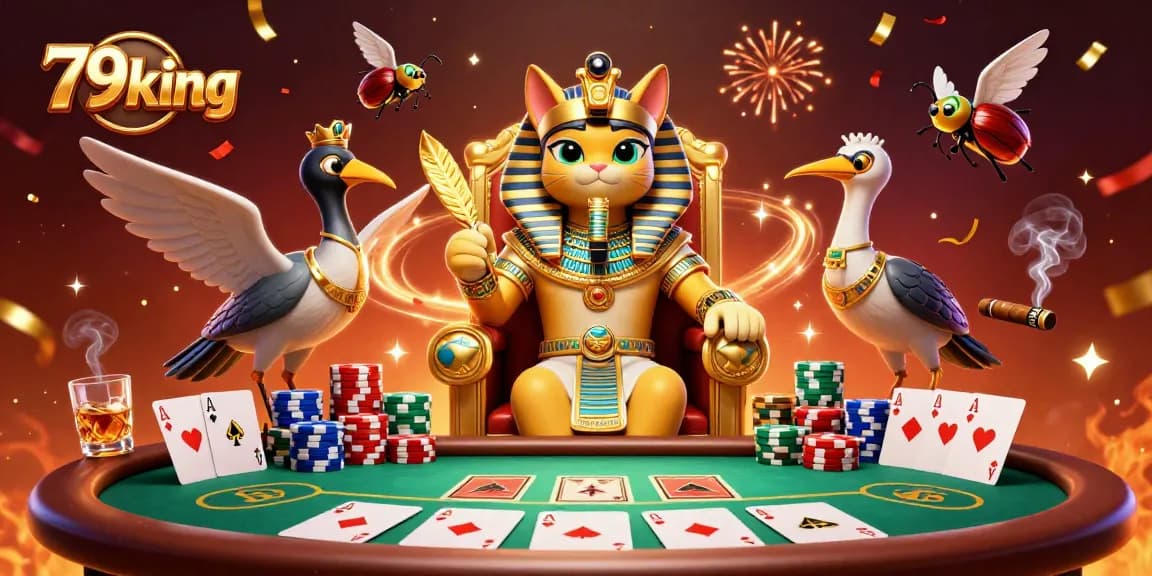 Experience the vibrant action at 79king with a dynamic poker scene featuring Egyptian characters.