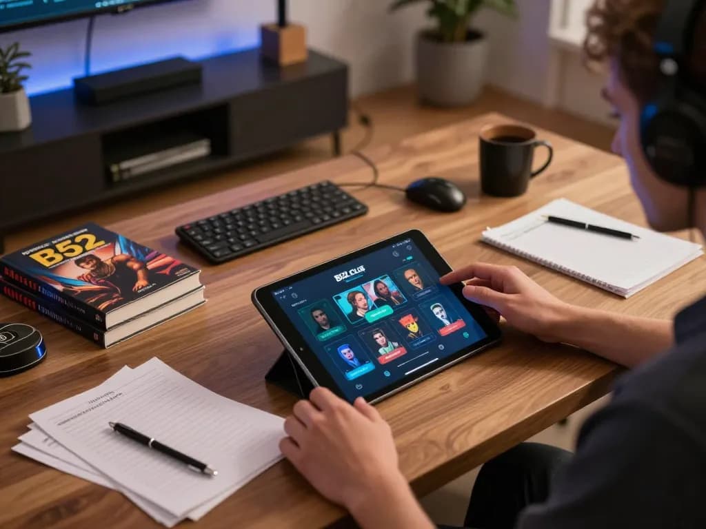 b52 club gaming session with tablet displaying online casino games and strategy notes.