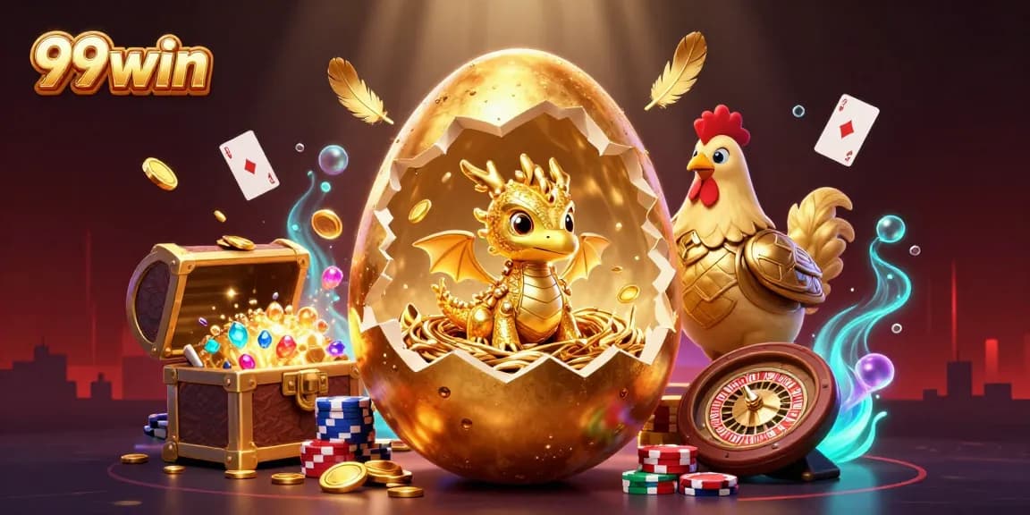 Experience the thrill of 99win with a golden dragon surrounded by casino elements.