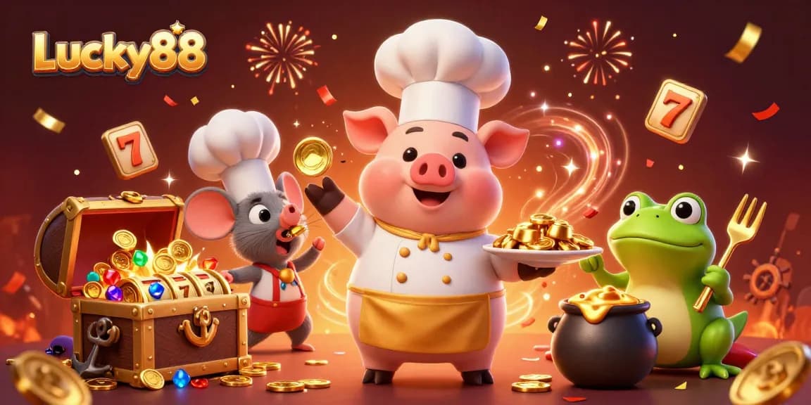 Experience the excitement of Lucky88 with chef pig, mouse, and frog amid festive casino slots.