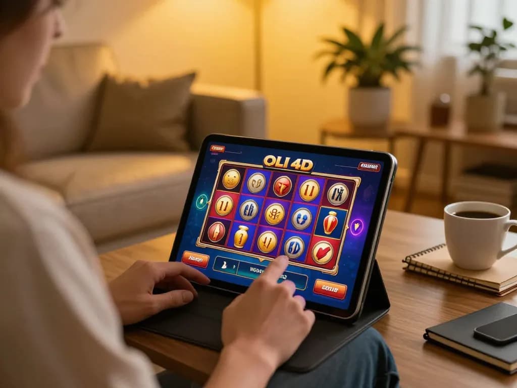 Player enjoying OLI 4D slot game on tablet, emphasizing responsible gambling in a cozy home setting