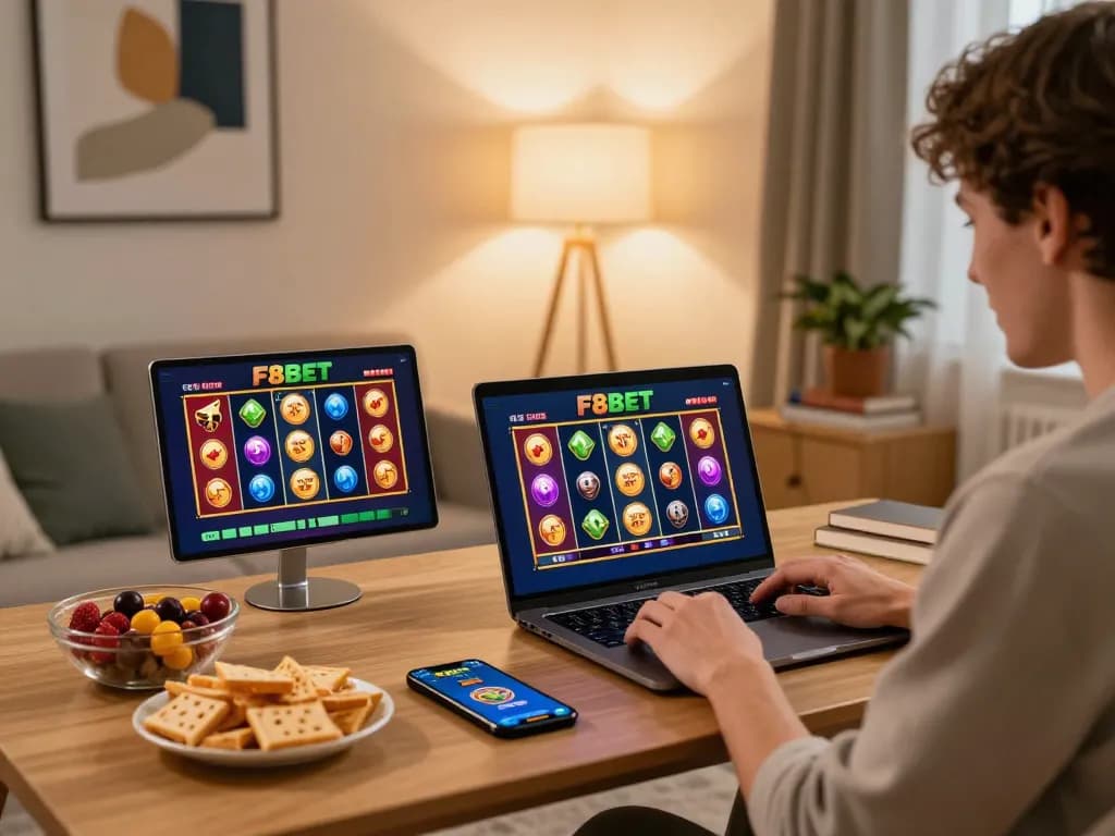 Player engaging in F8BET online slot game on a cozy home setup, showcasing responsible gaming.