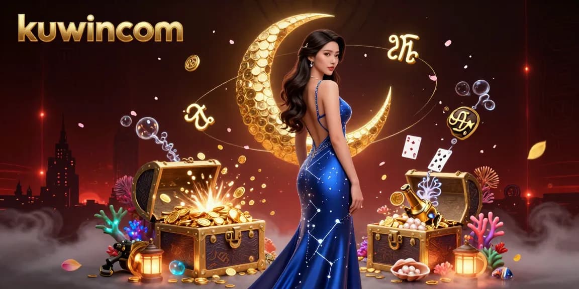 Kuwincom presents a vibrant 3D casino illustration featuring a stunning Asian woman surrounded by golden elements, immersing players in a thrilling gaming atmosphere.