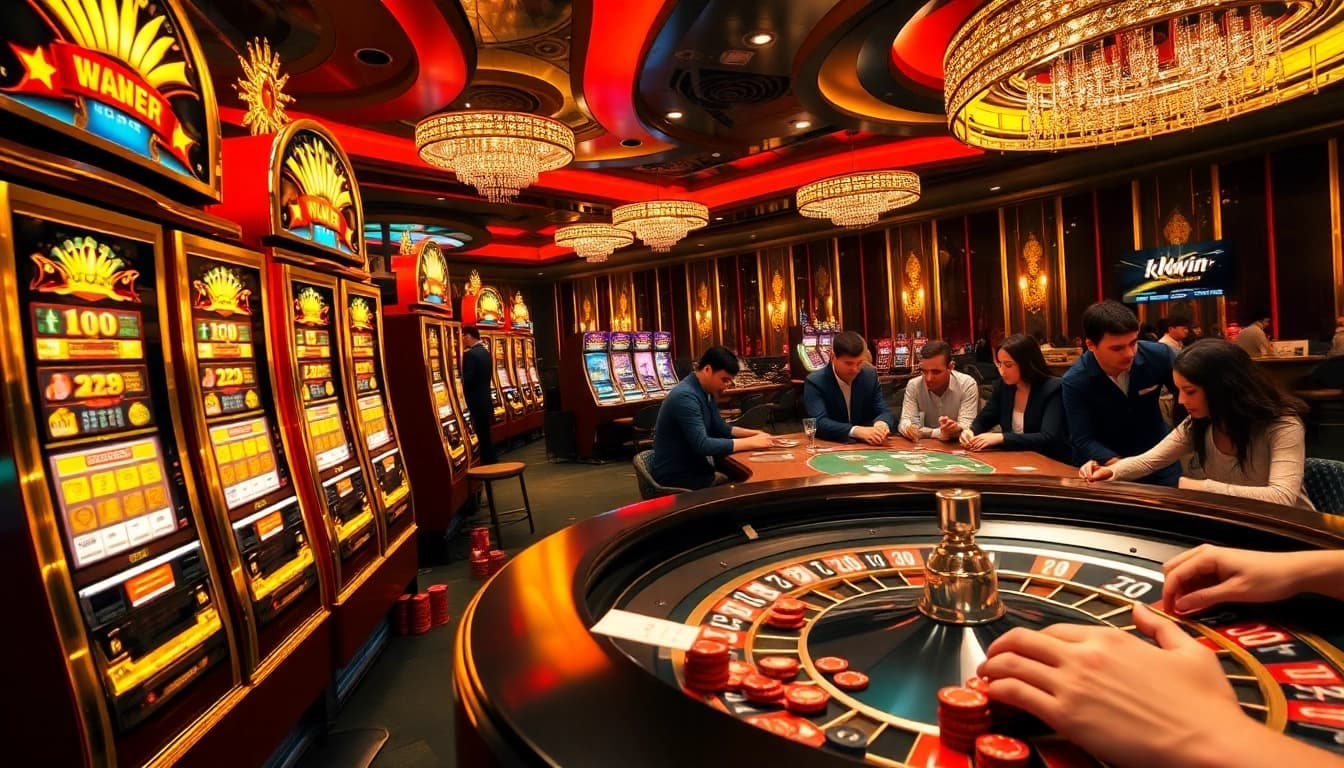 Players experiencing thrilling moments at kkwin casino with vibrant slot machines and poker tables.