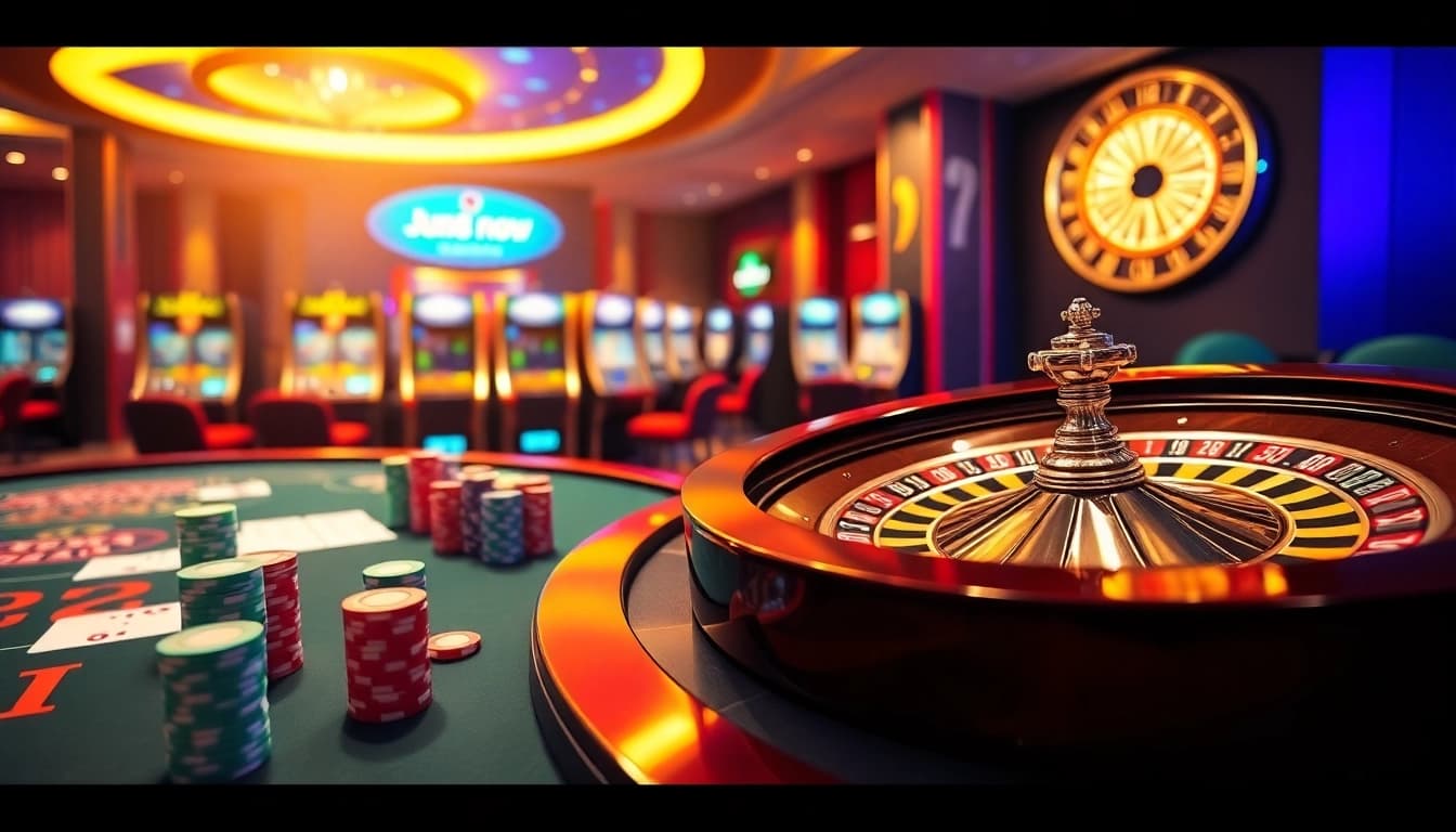 Experience the excitement at Jun88.now with vibrant casino tables and engaging slot machines.