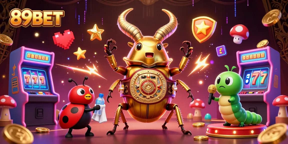 Engage with the vibrant gaming scene of 89BET featuring a giant golden stag beetle and dynamic arcade elements.