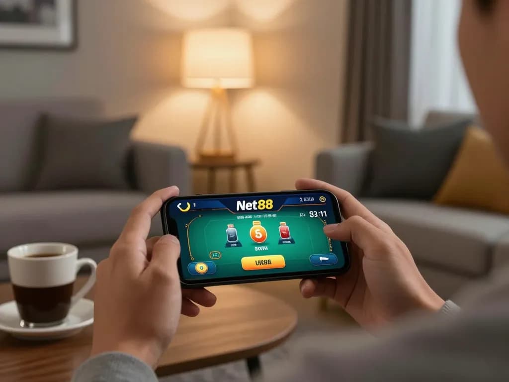 Net88 app user placing bets on winning poker hand while enjoying a cozy evening at home