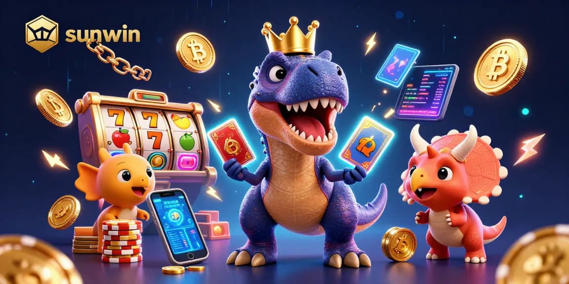 Join the fun at sunwin with a T-Rex card player and friends in a vibrant casino scene.