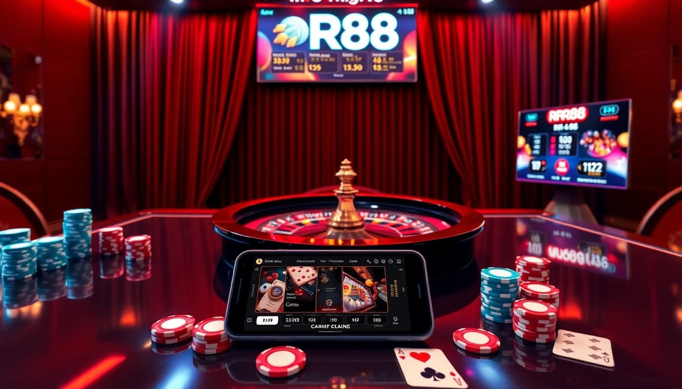 Experience the thrill of RR88 with vibrant casino elements highlighting poker chips and roulette.