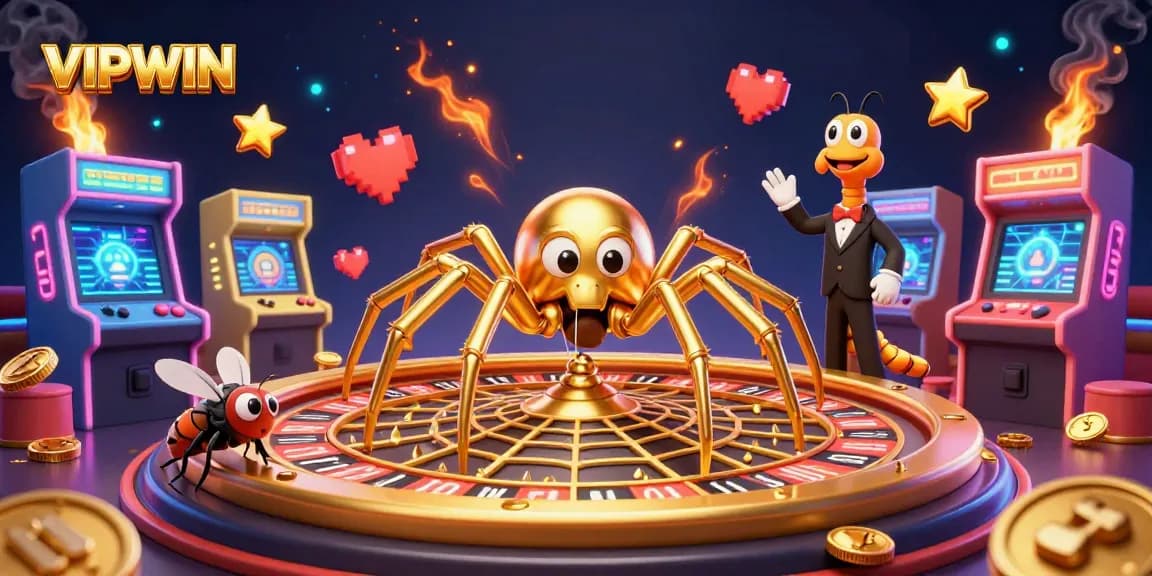 Experience thrilling bets at VIPWIN with a spirited fly and a centipede croupier in a dazzling casino atmosphere.