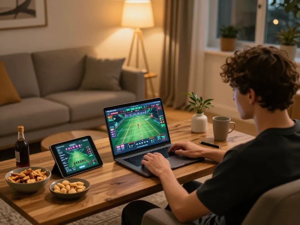 Person using Bongdallu for online sports betting in a cozy home setting, showcasing strategic gaming and comfortable atmosphere