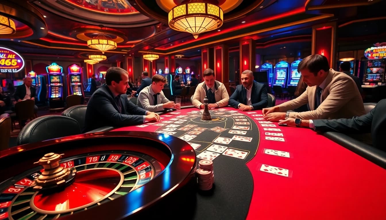 Players are engrossed in a poker game at MB66's luxurious casino.