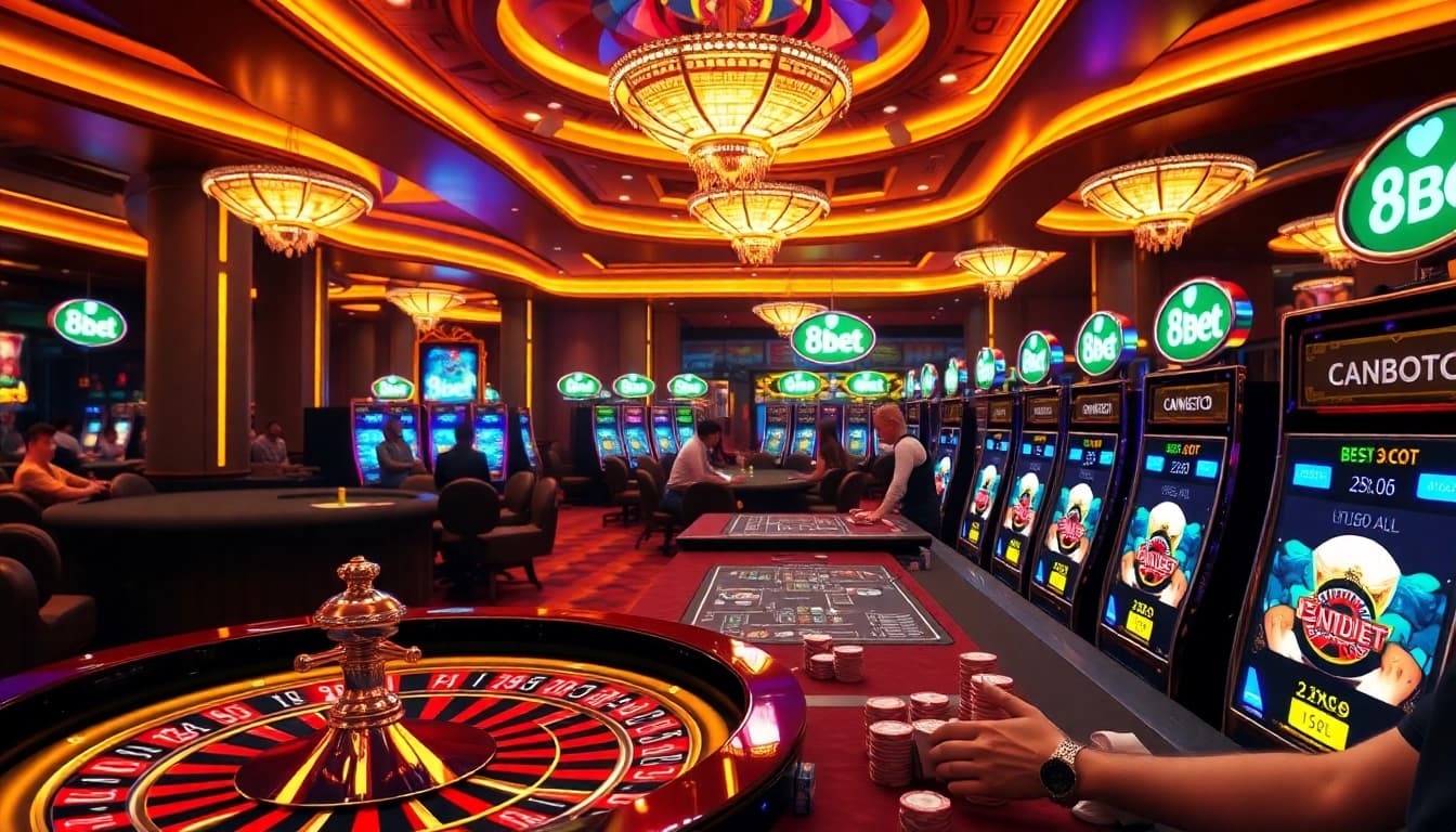 Experience the thrill of gaming at 8kbet with vibrant roulette wheels, poker chips, and slot machines.