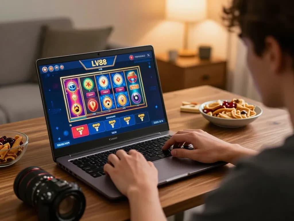 Player engaging with LV88 online casino on laptop, showcasing vibrant gaming experience.