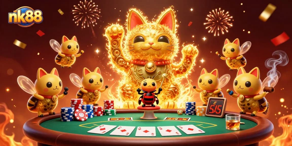 Experience the excitement of nk88 with a vibrant illustration of a golden lucky cat and poker elements.
