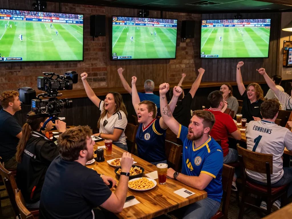 Socolive fans cheering while watching football live on TV and placing bets.