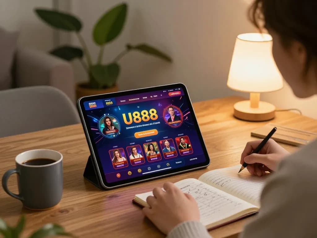Engaging online gambling experience using U888 app on tablet in cozy home setting
