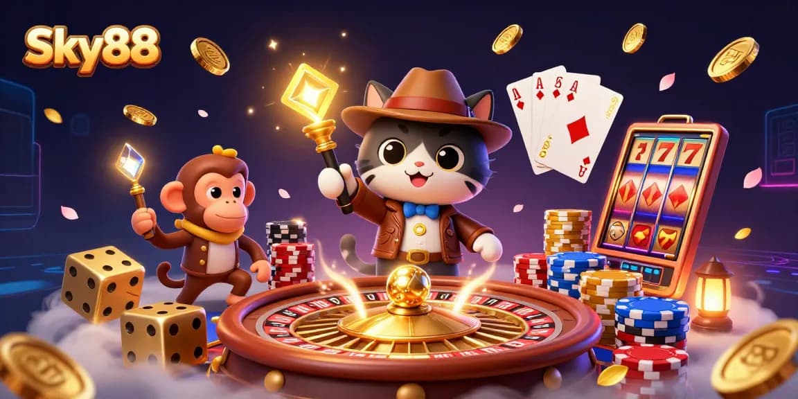 Experience thrilling action with Sky88's vibrant casino-themed 3D illustration, showcasing adventure and excitement.