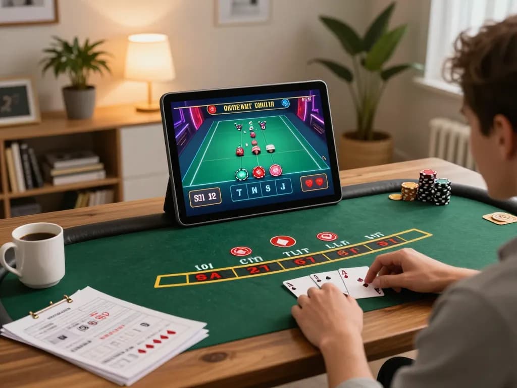 Experience top-notch online gaming with https://qtr88.com/ in a cozy home setting, highlighting live dealer blackjack.