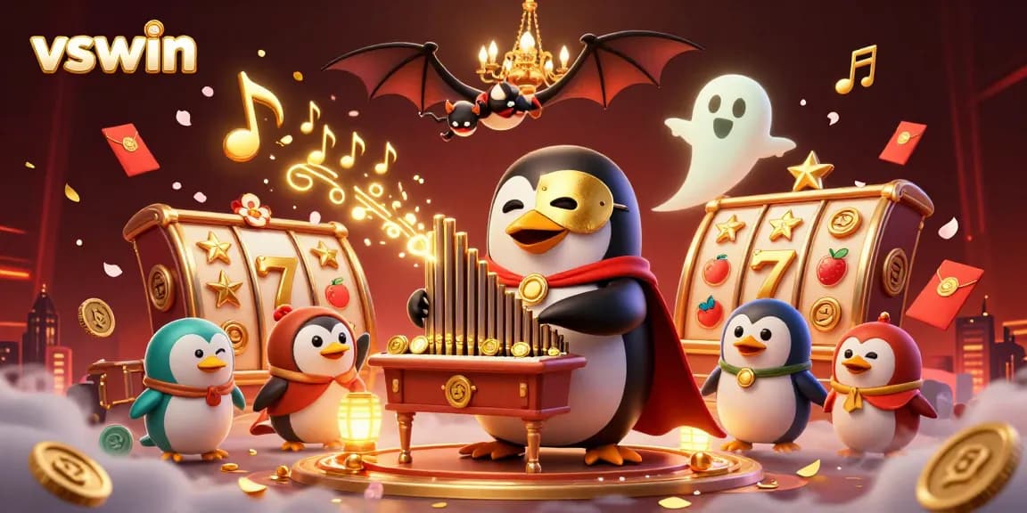 Experience the excitement of winning at slots with vswin, featuring a cartoon penguin surrounded by dynamic casino elements.
