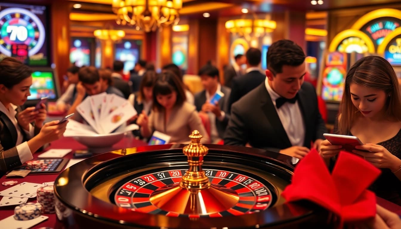 Players enjoying a thrilling online gambling experience at nhà cái XX88 with a vibrant roulette wheel.