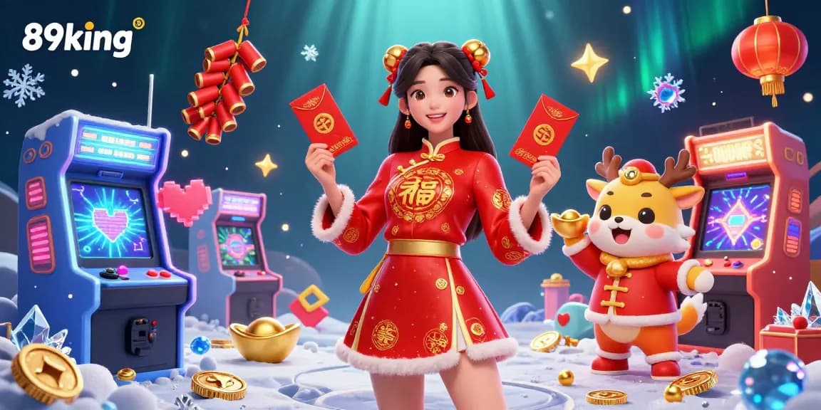 89king celebrates festive wins with vibrant festivities featuring a beautiful Asian woman and gaming elements.