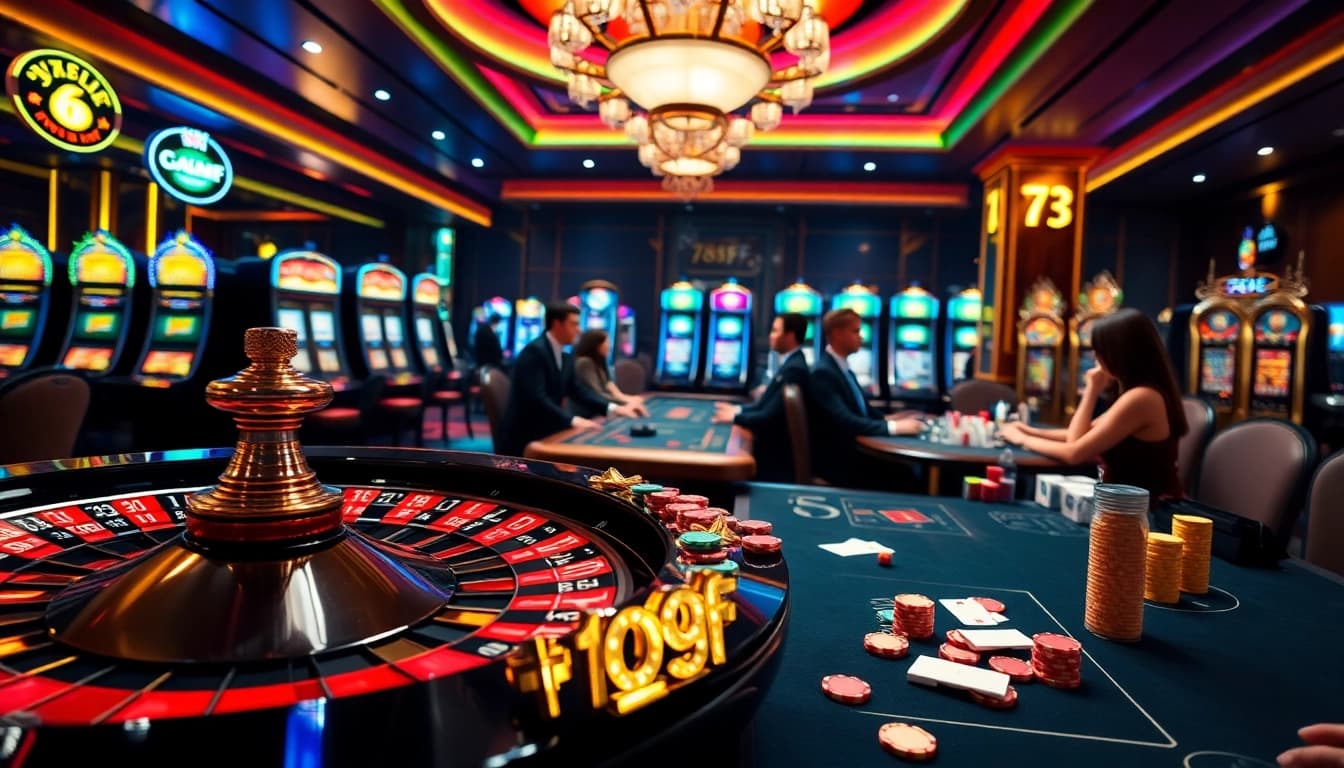 A dynamic casino scene showcasing 789F with poker players, roulette wheel, and vibrant slot machines.