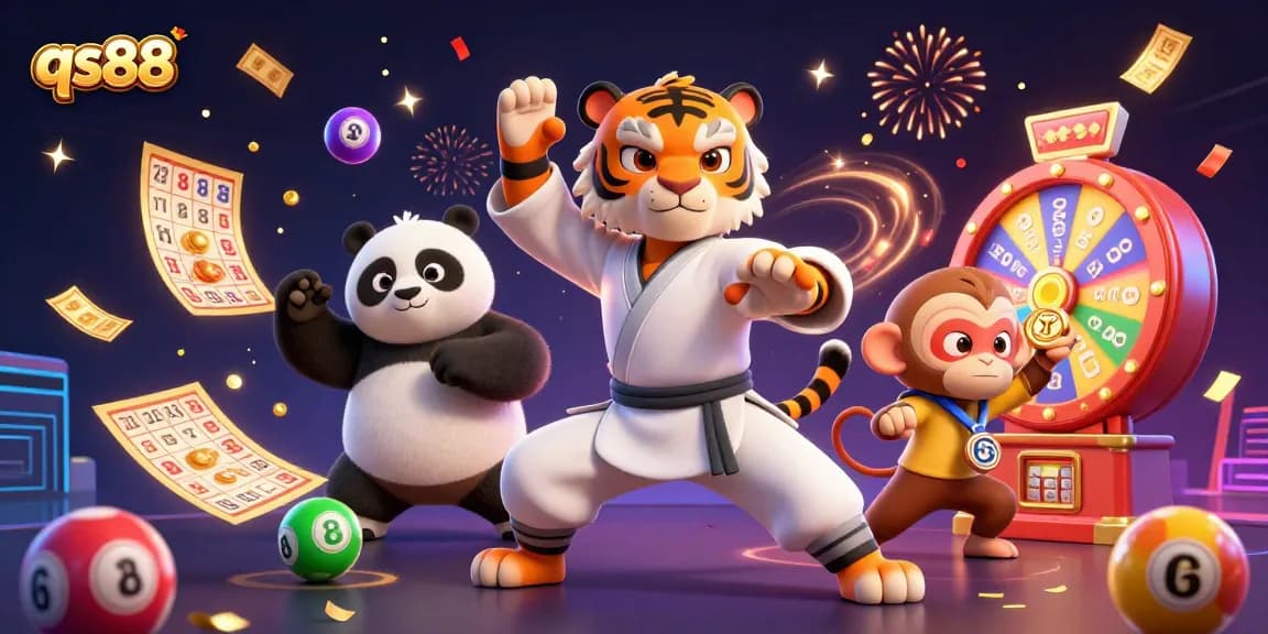 Engage in thrilling action at qs88 with a vibrant casino scene featuring playful characters and dynamic gaming elements.