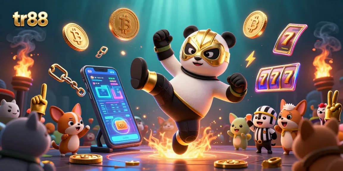 Join the excitement at tr88 with a dynamic scene featuring a panda wrestler and animal fans.