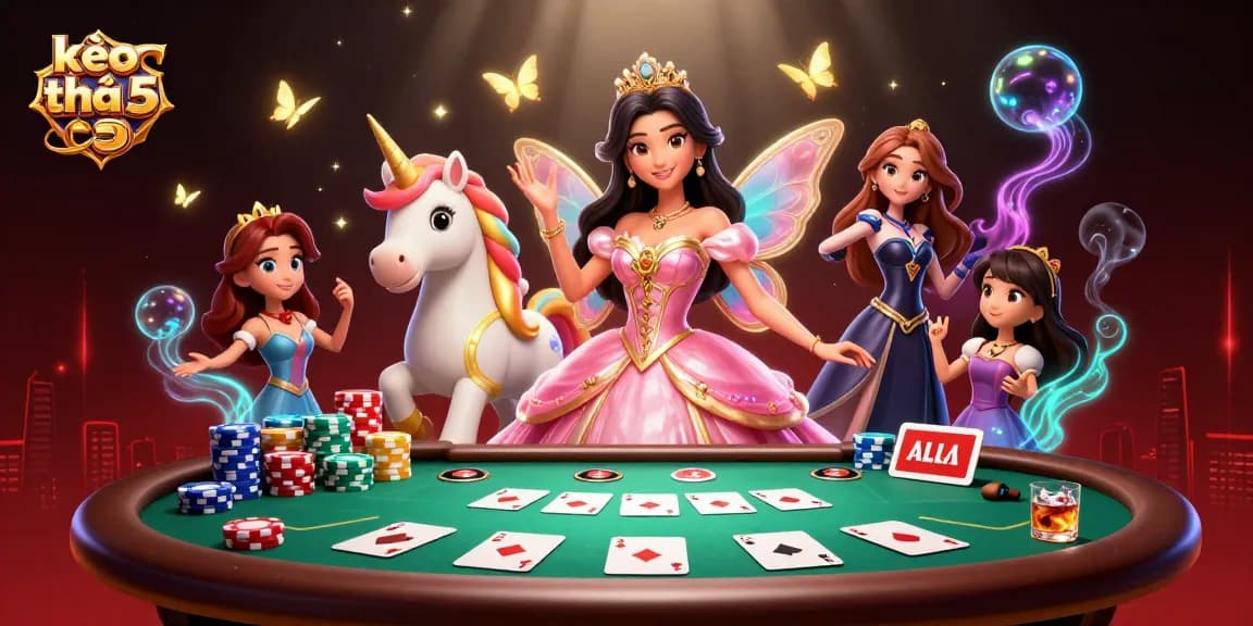 Experience the thrill with kèo nhà cái 5, featuring an enchanting scene of a glamorous woman with a golden unicorn amidst a vibrant gambling atmosphere.