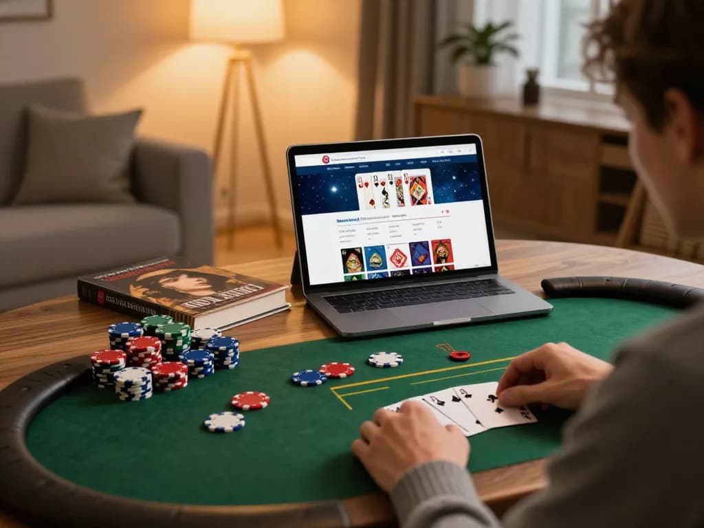 BOMWIN player immersed in strategic online poker game on a tablet at home, creating a cozy gaming atmosphere.