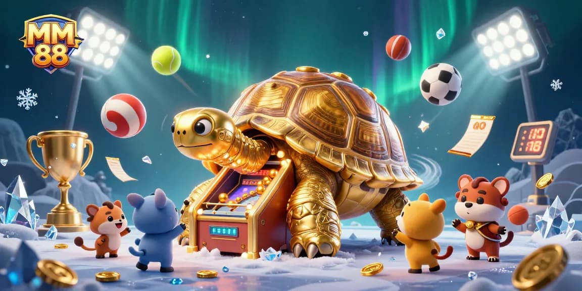 Experience exciting gameplay at MM88 with a colossal tortoise pinball machine surrounded by dynamic sports elements.