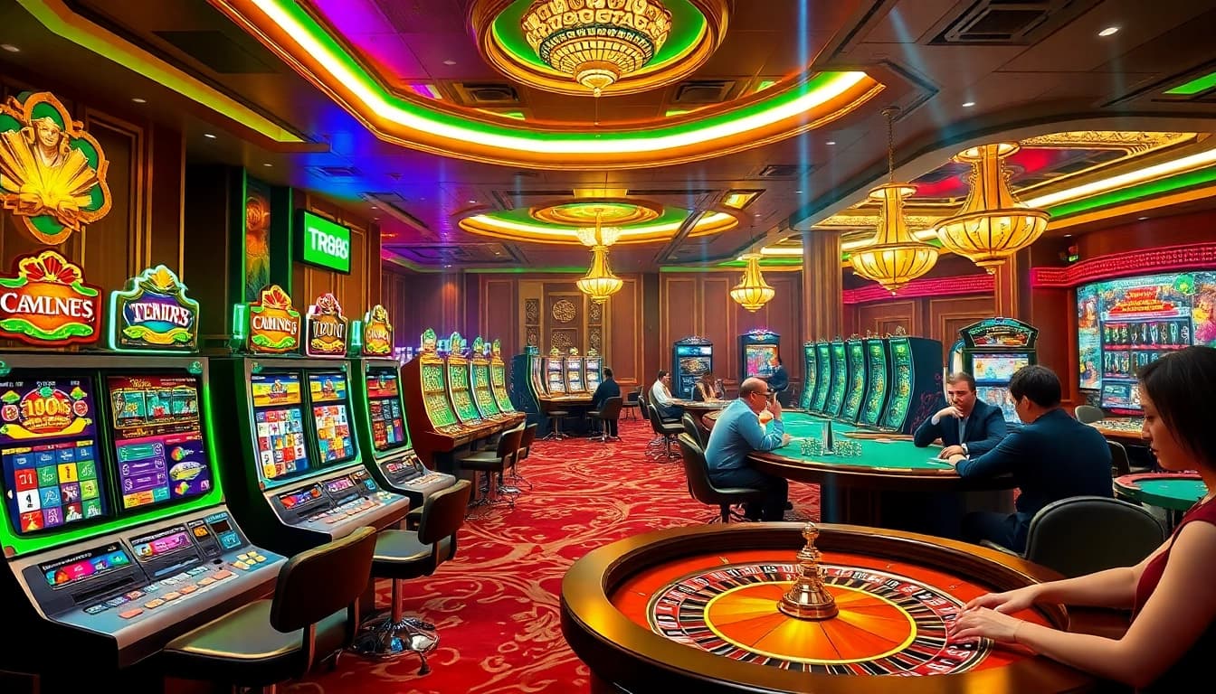 Experience the excitement of gambling at TR88 with vibrant tables and eager players in this engaging casino scene.
