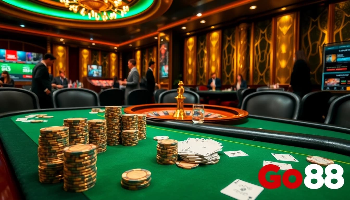 Experience the excitement of gambling at Go88 with vibrant casino visuals featuring poker, roulette, and immersive gameplay.