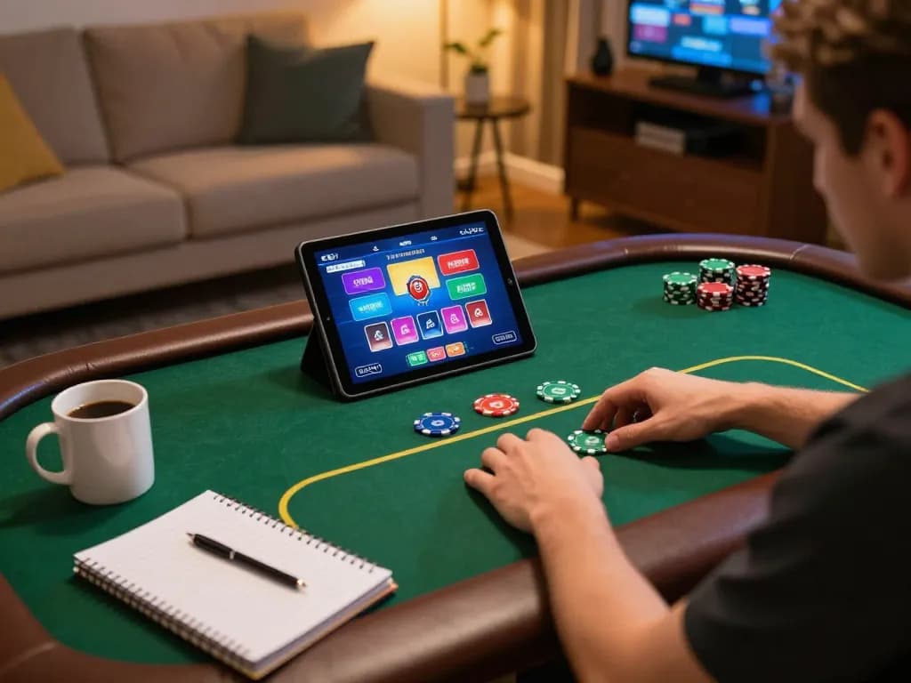 Player using tablet for online poker at nhà cái au88 in a cozy home environment, showcasing strategic entertainment.