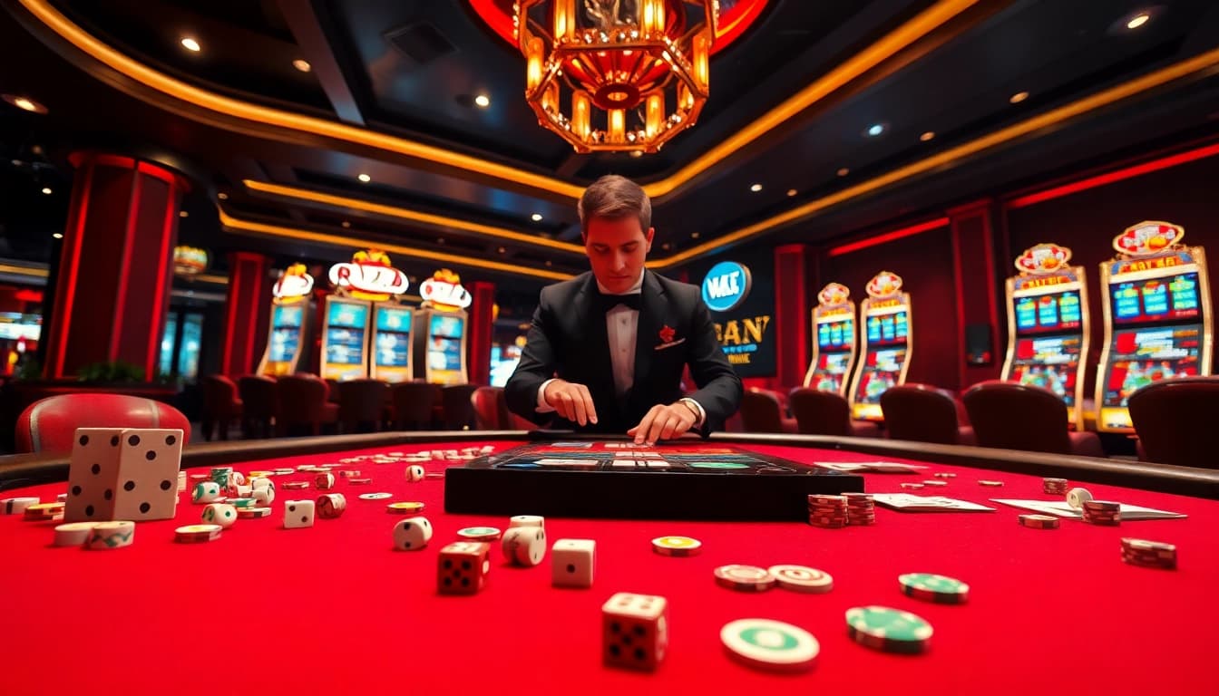 Engaging players in Tài Xỉu MD5 at a vibrant casino table with colorful dice.