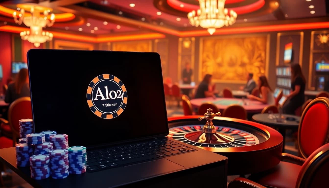 A thrilling online gambling experience with Alo789 Com showcasing poker chips and a roulette wheel.
