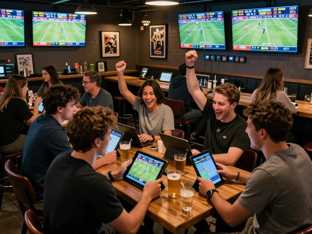 Engaged sports bettors using a tablet for 789 WIN betting strategies in a lively bar.