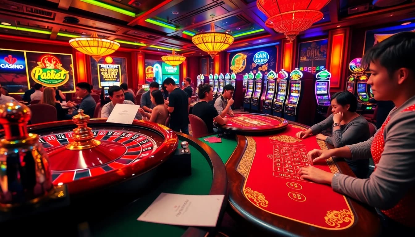 Engaging scene of top nhà cái with players enjoying various casino games and vibrant roulette.