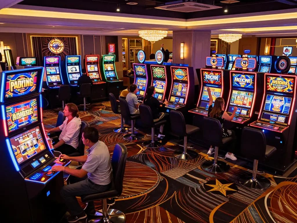 Players enjoying vibrant slot machines at BL555 casino, celebrating wins in a lively atmosphere