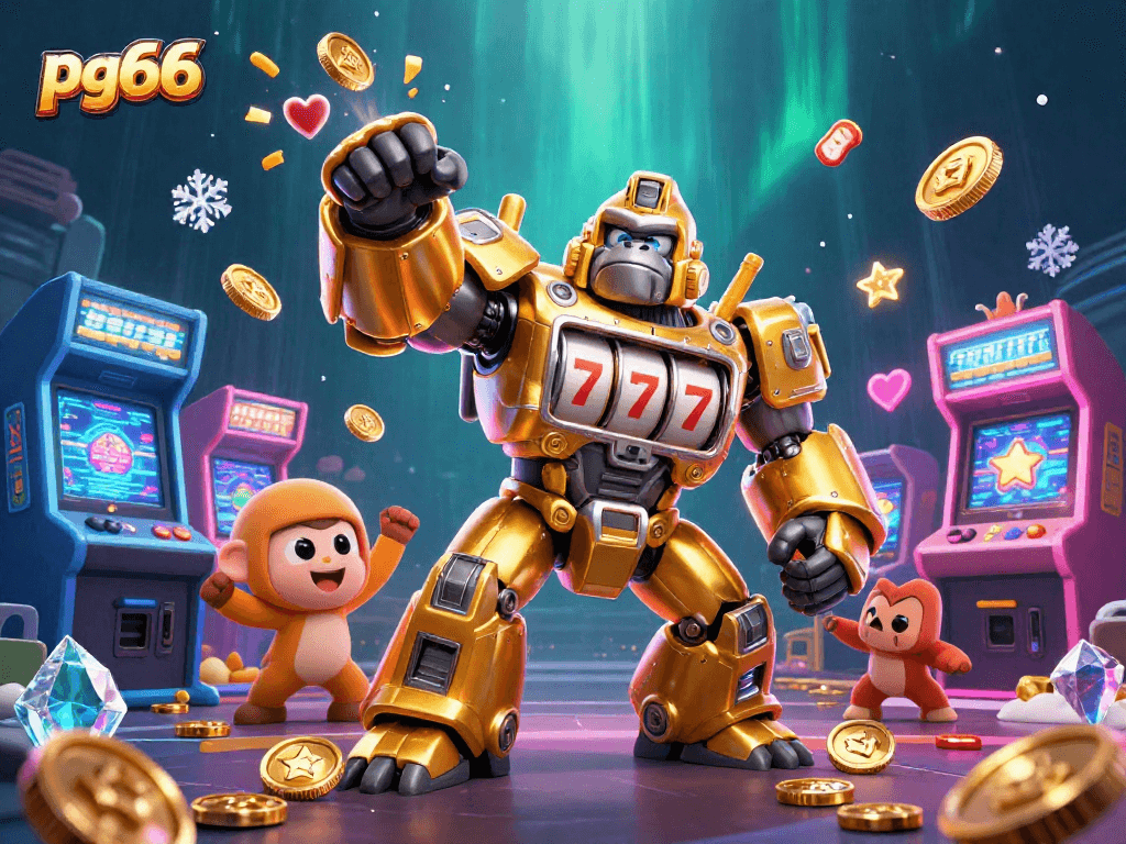 Experience the thrill of pg66 as the golden gorilla mech launches coins in a dynamic casino scene.